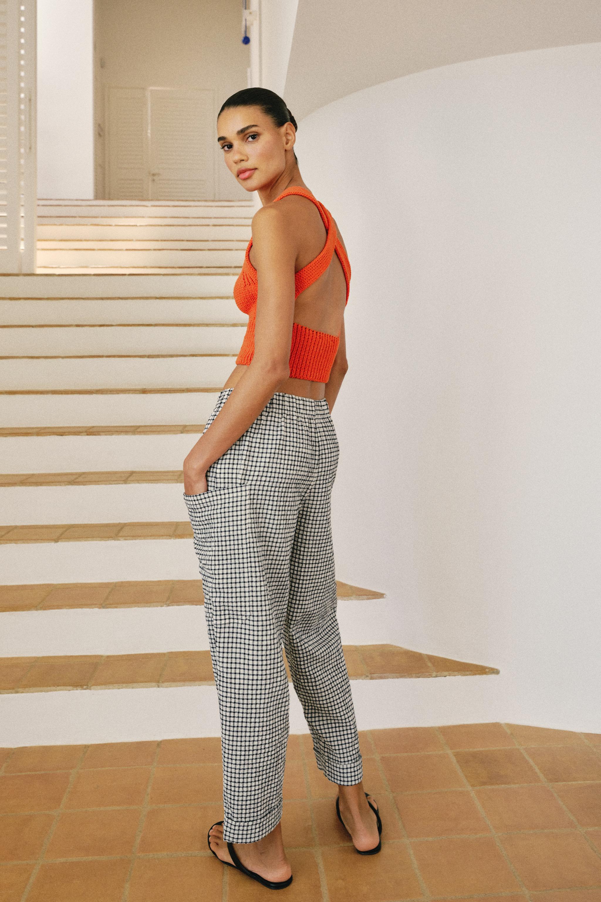 PLAID ELASTIC WAIST PANTS